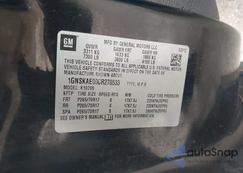 2012 Chevrolet Tahoe Ls z USA, uszkodzony, nr VIN 1GNSKAE00CR270533